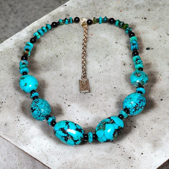 Vintage Handmade Turquoise Necklace with Onyx Solid 925 Sterling Silver+Earrings - Picture 7 of 15